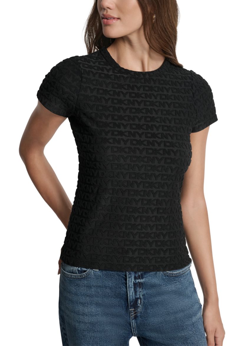 Womens Logo Jacquard Cap Sleeve Crew Neck T-Shirt