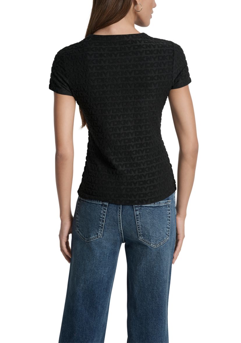 Womens Logo Jacquard Cap Sleeve Crew Neck T-Shirt