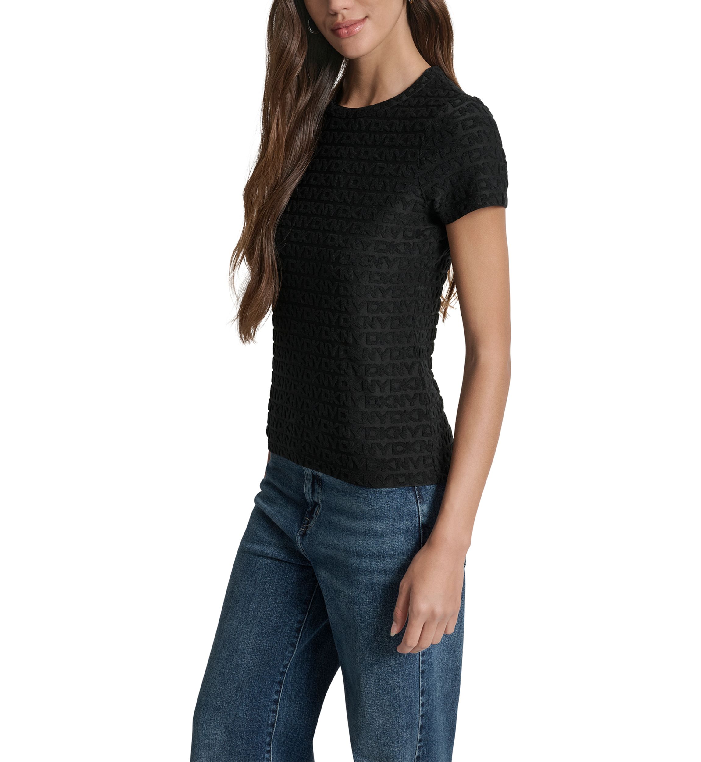 Womens Logo Jacquard Cap Sleeve Crew Neck T-Shirt