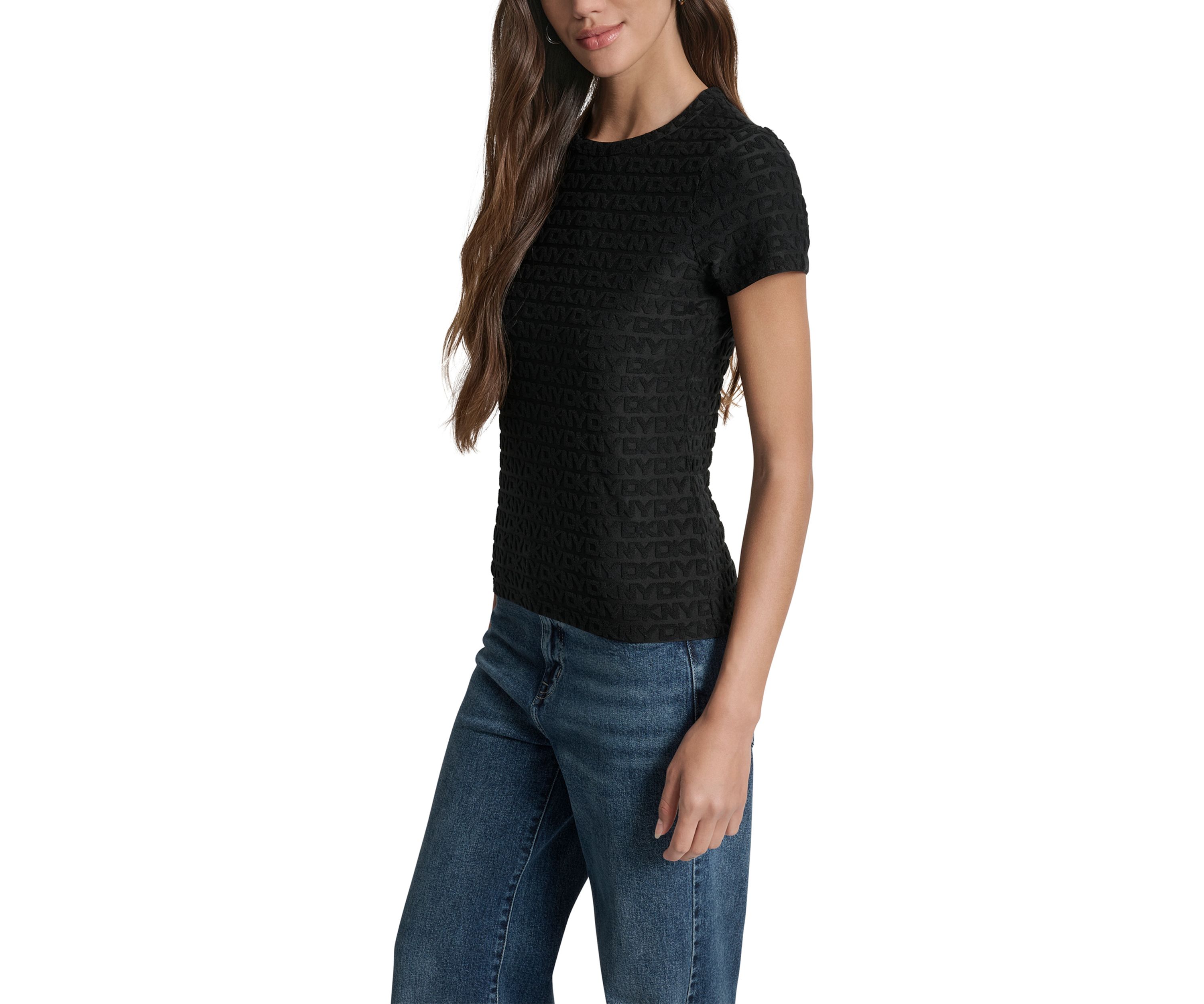 Womens Logo Jacquard Cap Sleeve Crew Neck T-Shirt