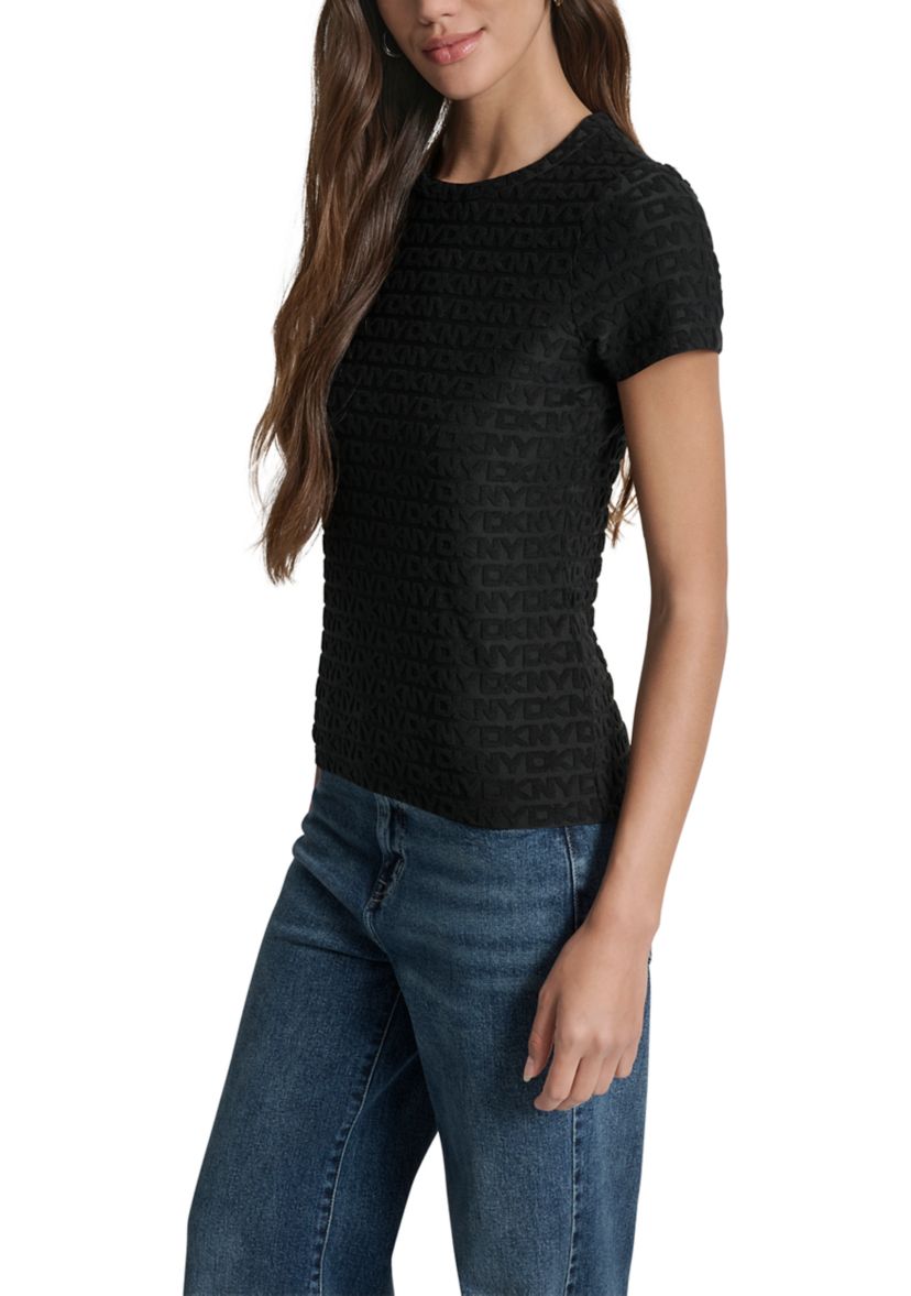 Womens Logo Jacquard Cap Sleeve Crew Neck T-Shirt