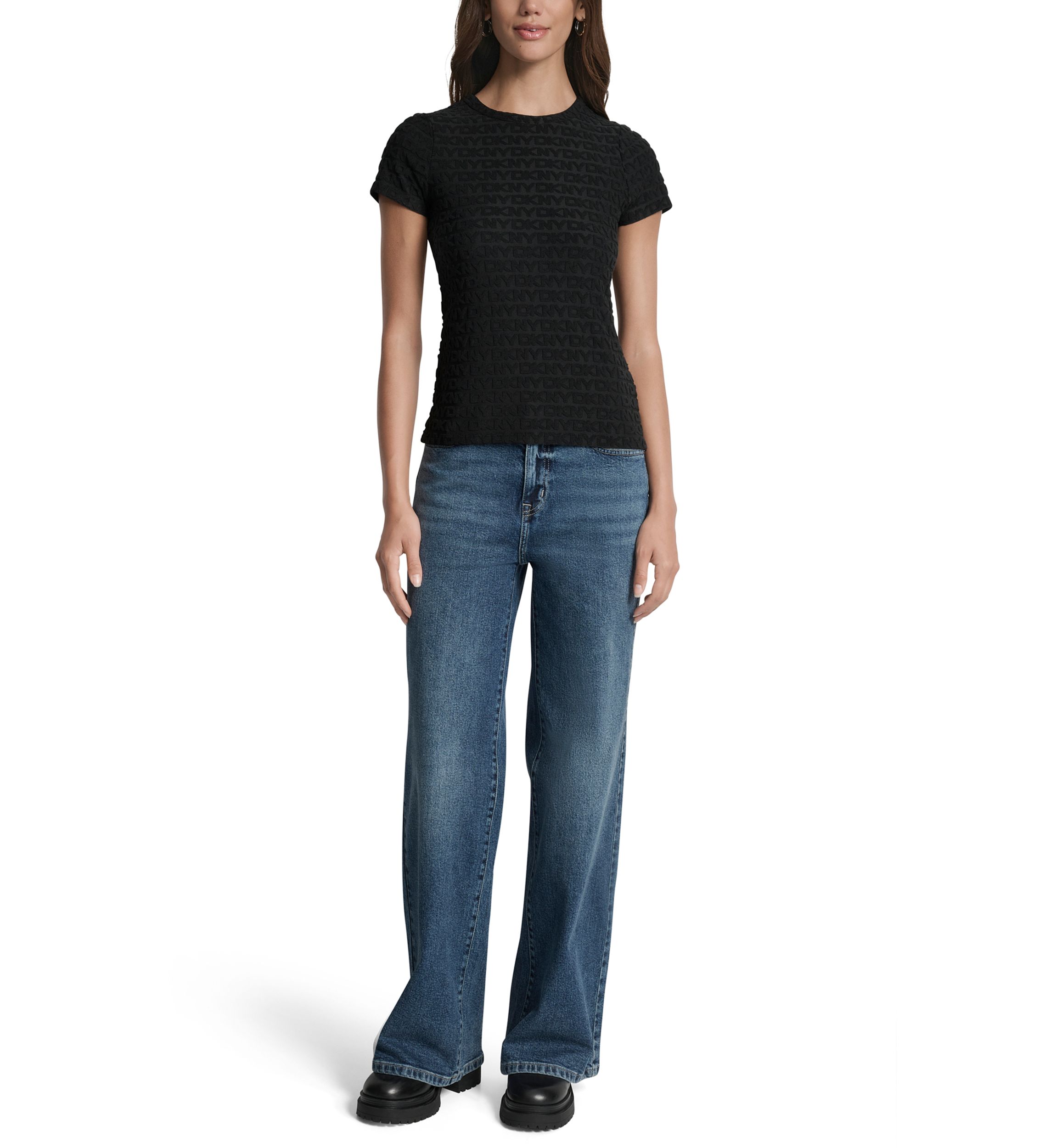 Womens Logo Jacquard Cap Sleeve Crew Neck T-Shirt