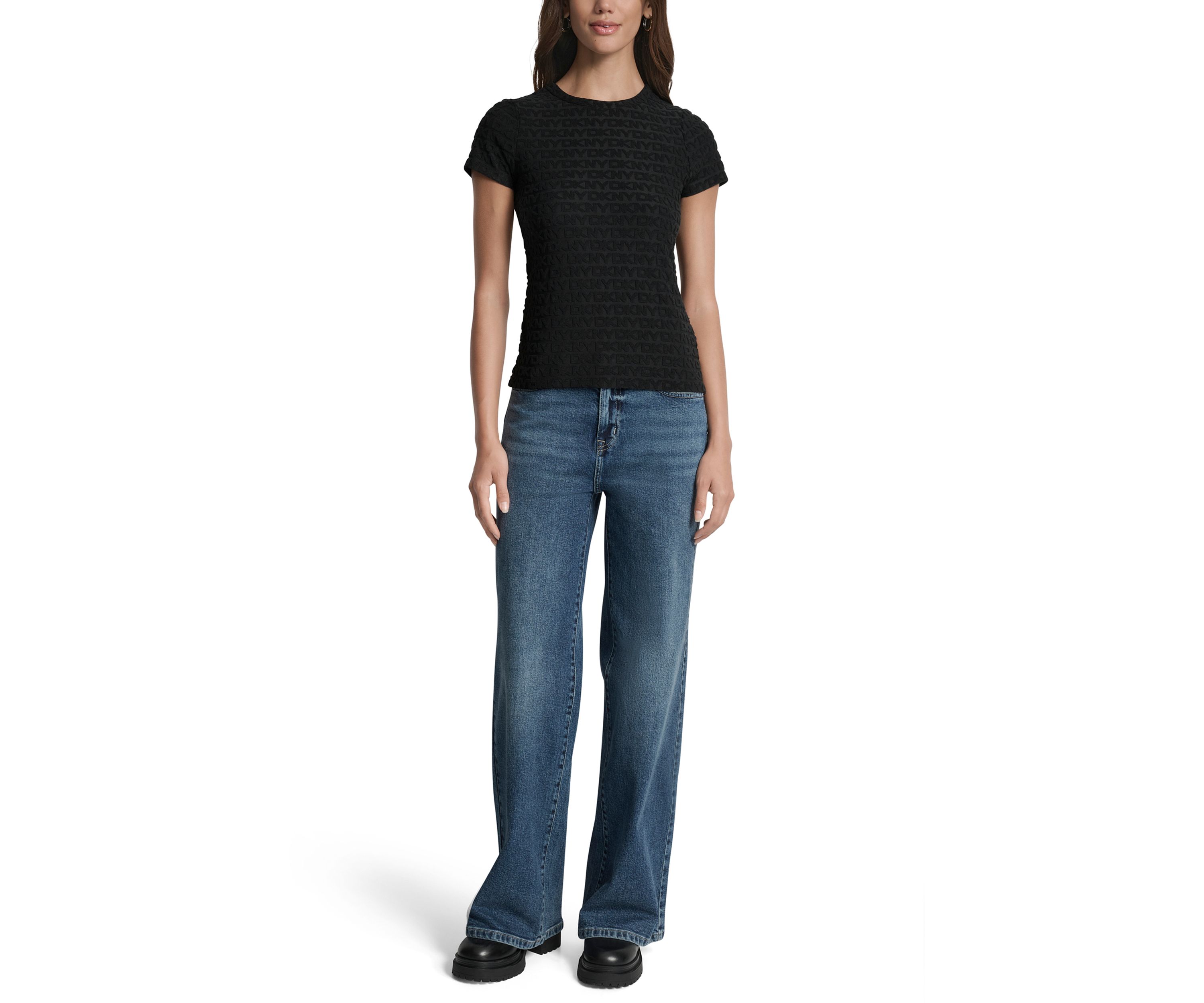 Womens Logo Jacquard Cap Sleeve Crew Neck T-Shirt