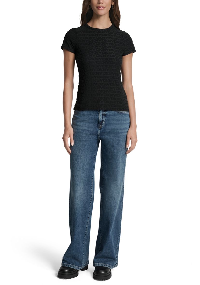 Womens Logo Jacquard Cap Sleeve Crew Neck T-Shirt