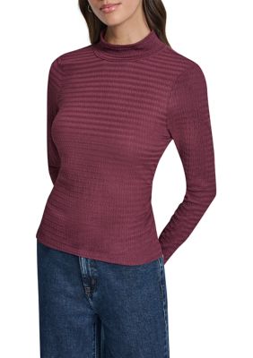 DKNY Women's Ripple Lace Mock Neck Ruched Side Long Sleeve T-Shirt, XS