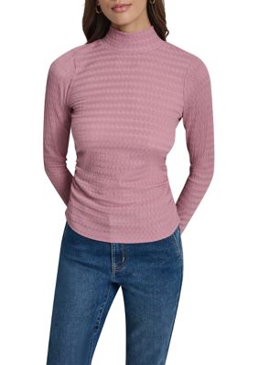 DKNY Women's Ripple Lace Mock Neck Ruched Side Long Sleeve T-Shirt, Mauve, XS