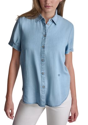 DKNY Jeans Women's Garment Dye and Print Rolled Short Sleeve Button Front Shirt, XL