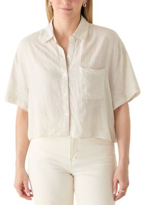 DKNY Jeans Women's Oversized Cropped Short Sleeve Button Front One Pocket Shirt, Medium