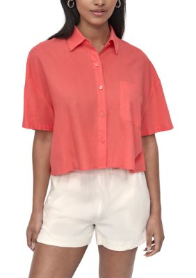 DKNY Jeans Women's Oversized Cropped Short Sleeve Button Front One Pocket Shirt