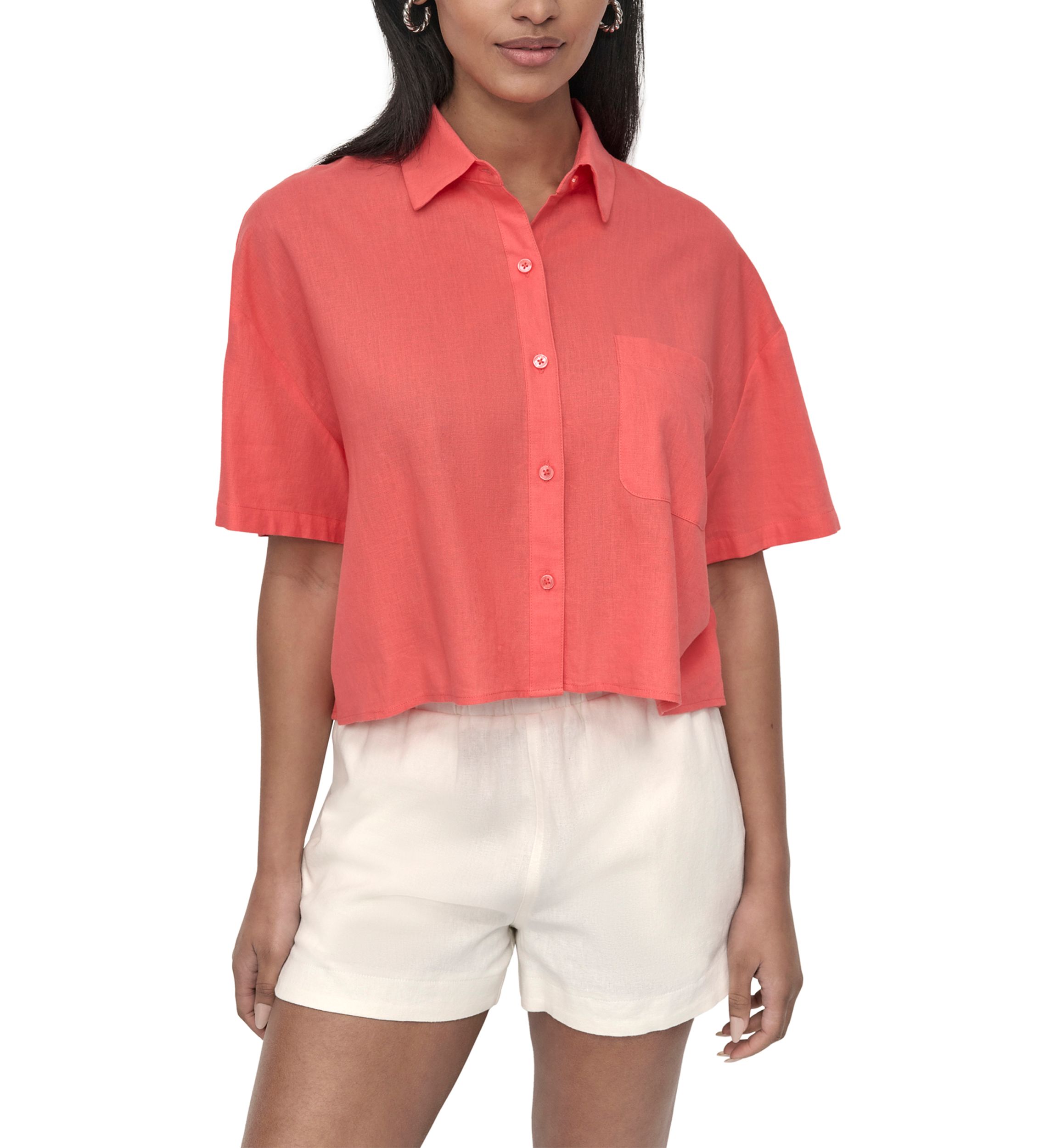 Womens Oversized Cropped Short Sleeve Button Front One Pocket Shirt