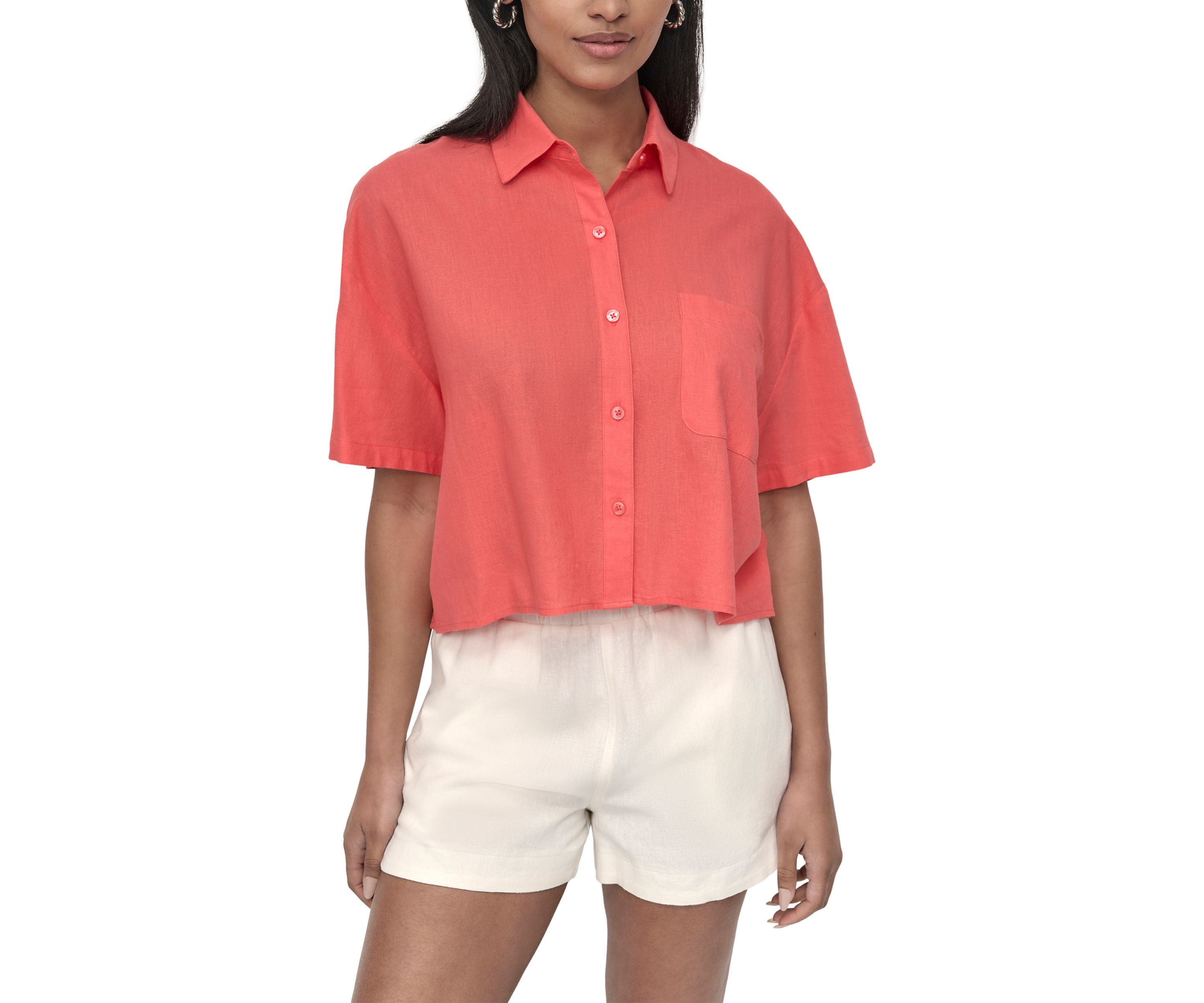 Womens Oversized Cropped Short Sleeve Button Front One Pocket Shirt