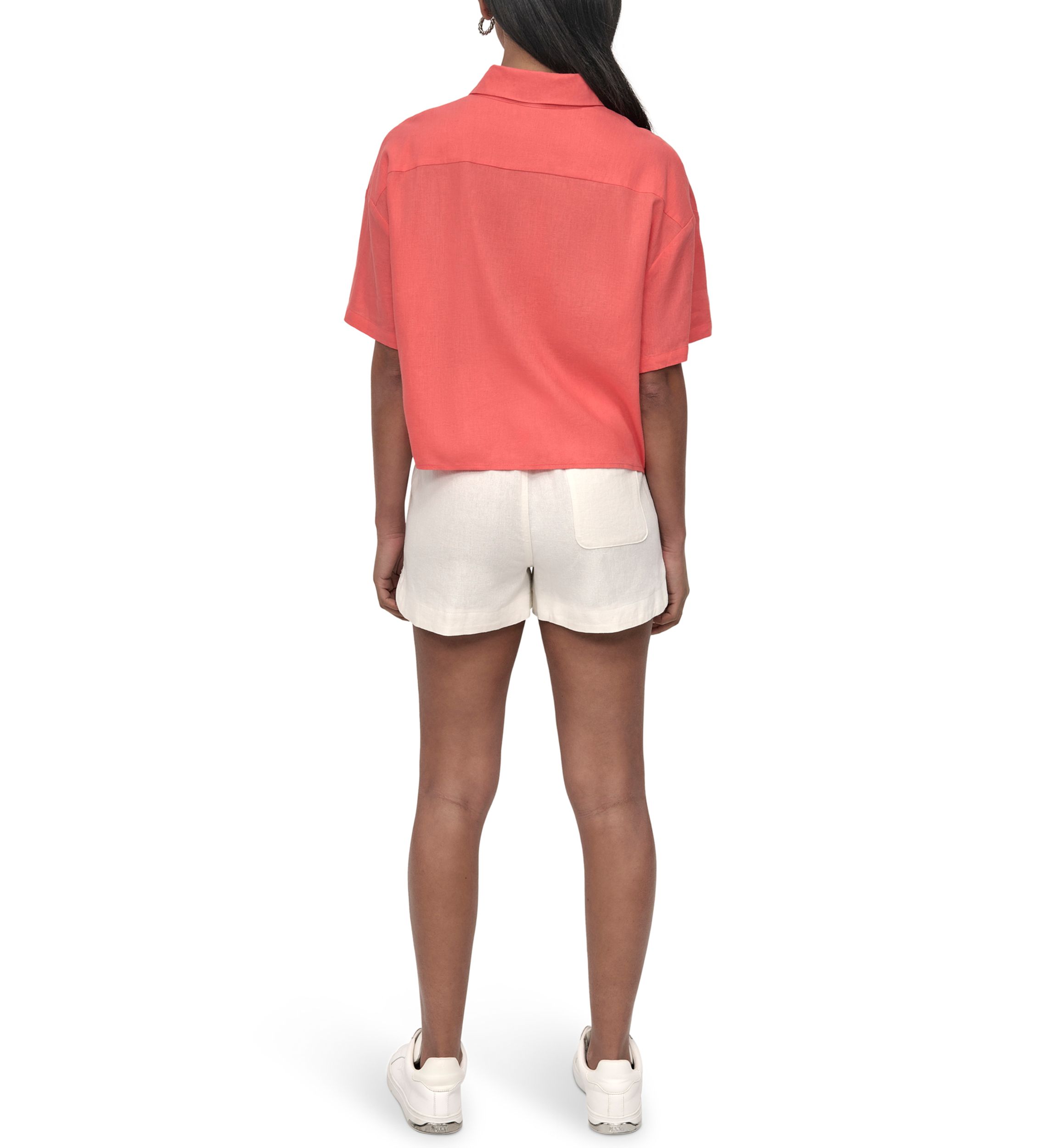 Womens Oversized Cropped Short Sleeve Button Front One Pocket Shirt