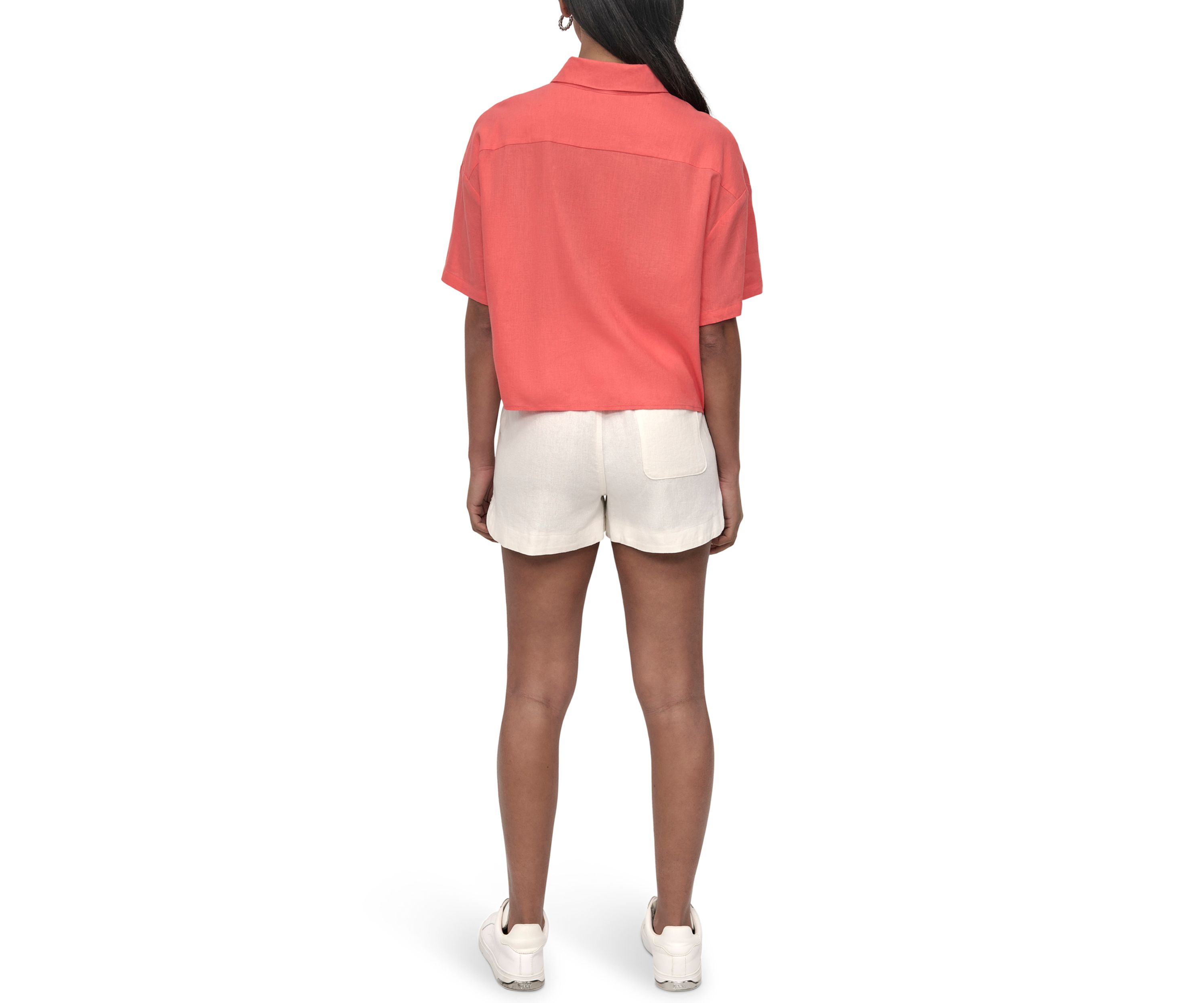 Womens Oversized Cropped Short Sleeve Button Front One Pocket Shirt