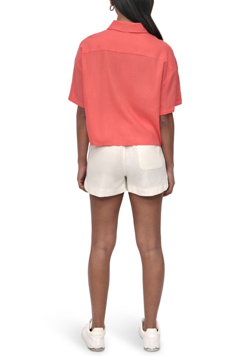 Womens Oversized Cropped Short Sleeve Button Front One Pocket Shirt