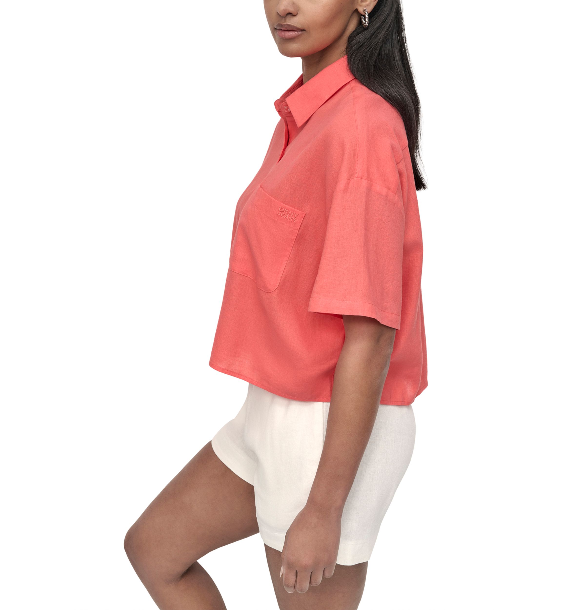 Womens Oversized Cropped Short Sleeve Button Front One Pocket Shirt