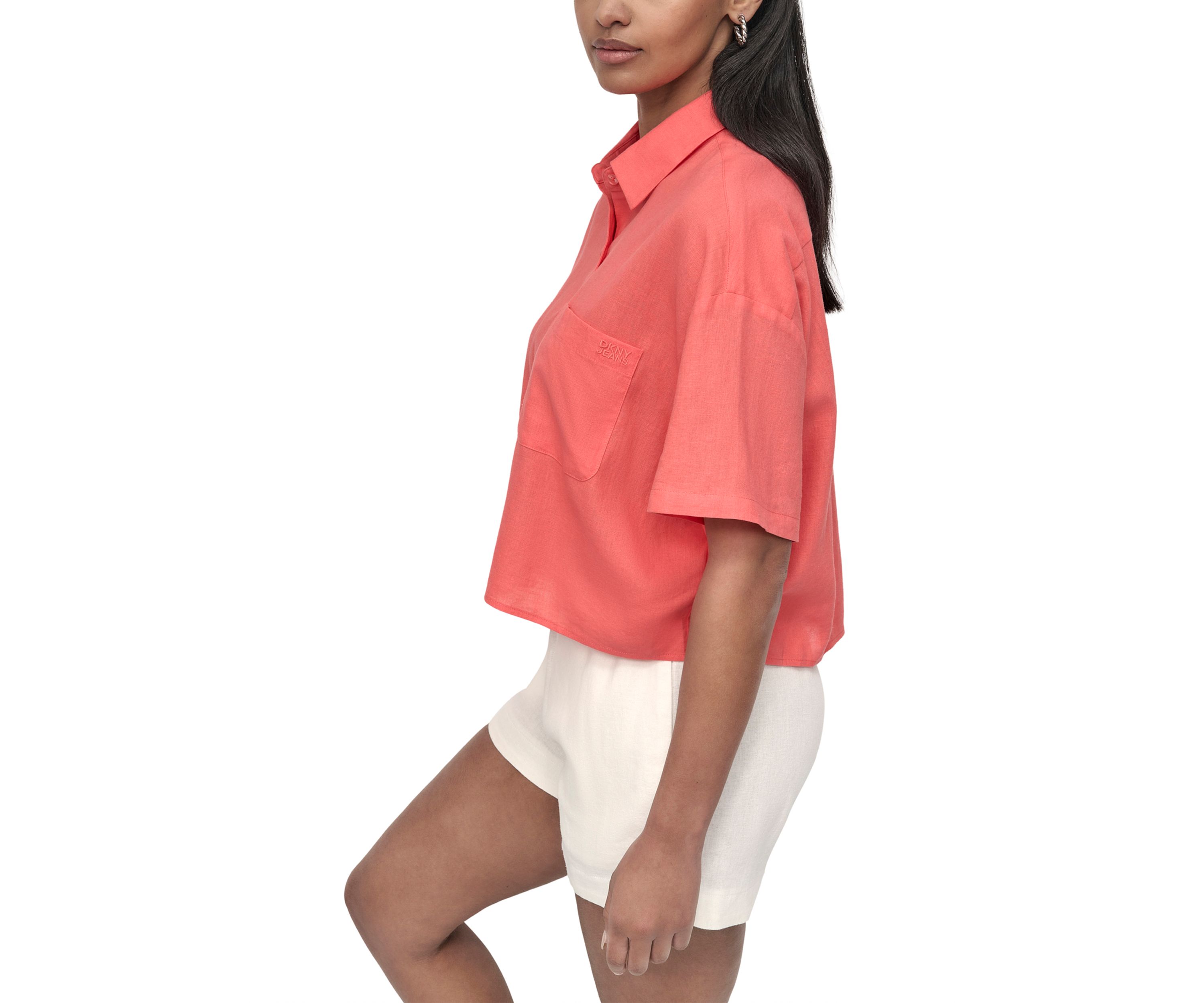 Womens Oversized Cropped Short Sleeve Button Front One Pocket Shirt