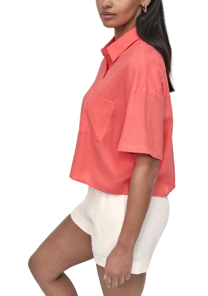 Womens Oversized Cropped Short Sleeve Button Front One Pocket Shirt