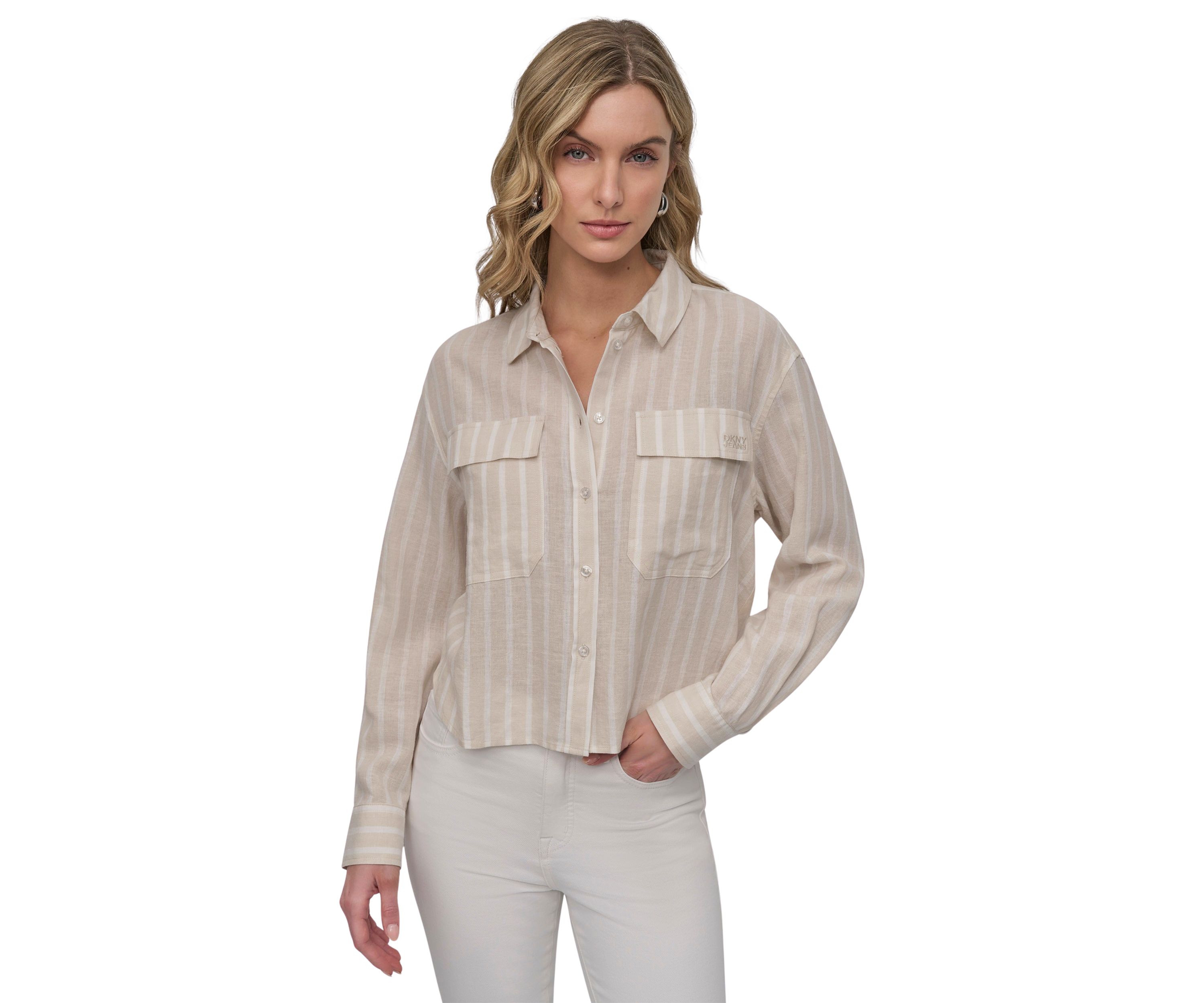 Womens Striped Long Sleeve Cropped Button Front Shirt