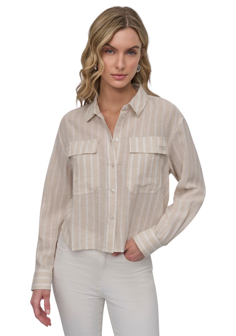 Womens Striped Long Sleeve Cropped Button Front Shirt