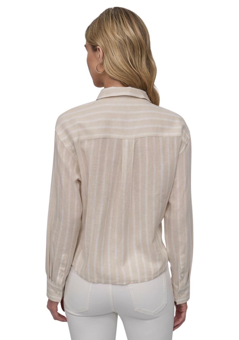 Womens Striped Long Sleeve Cropped Button Front Shirt