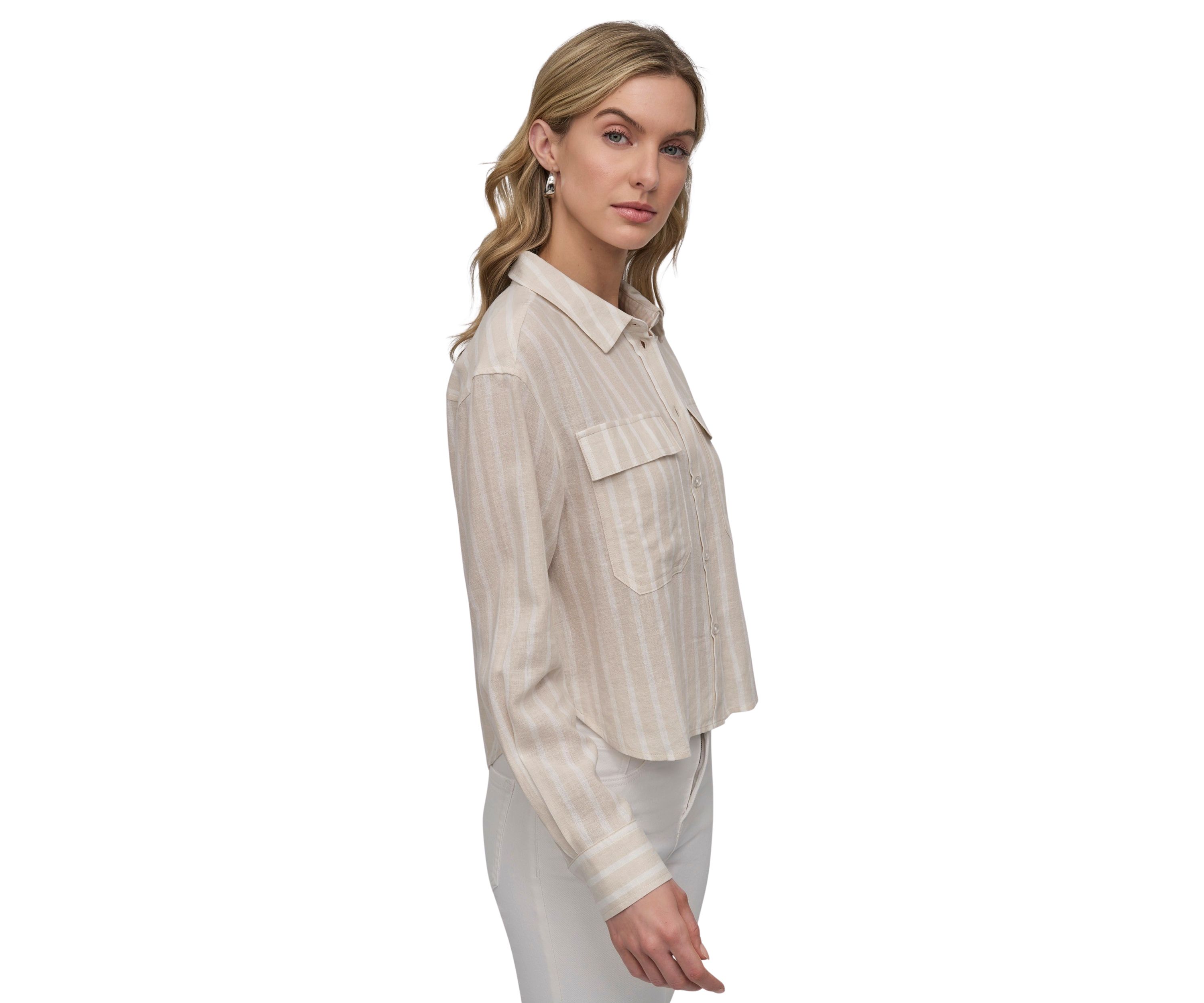 Womens Striped Long Sleeve Cropped Button Front Shirt