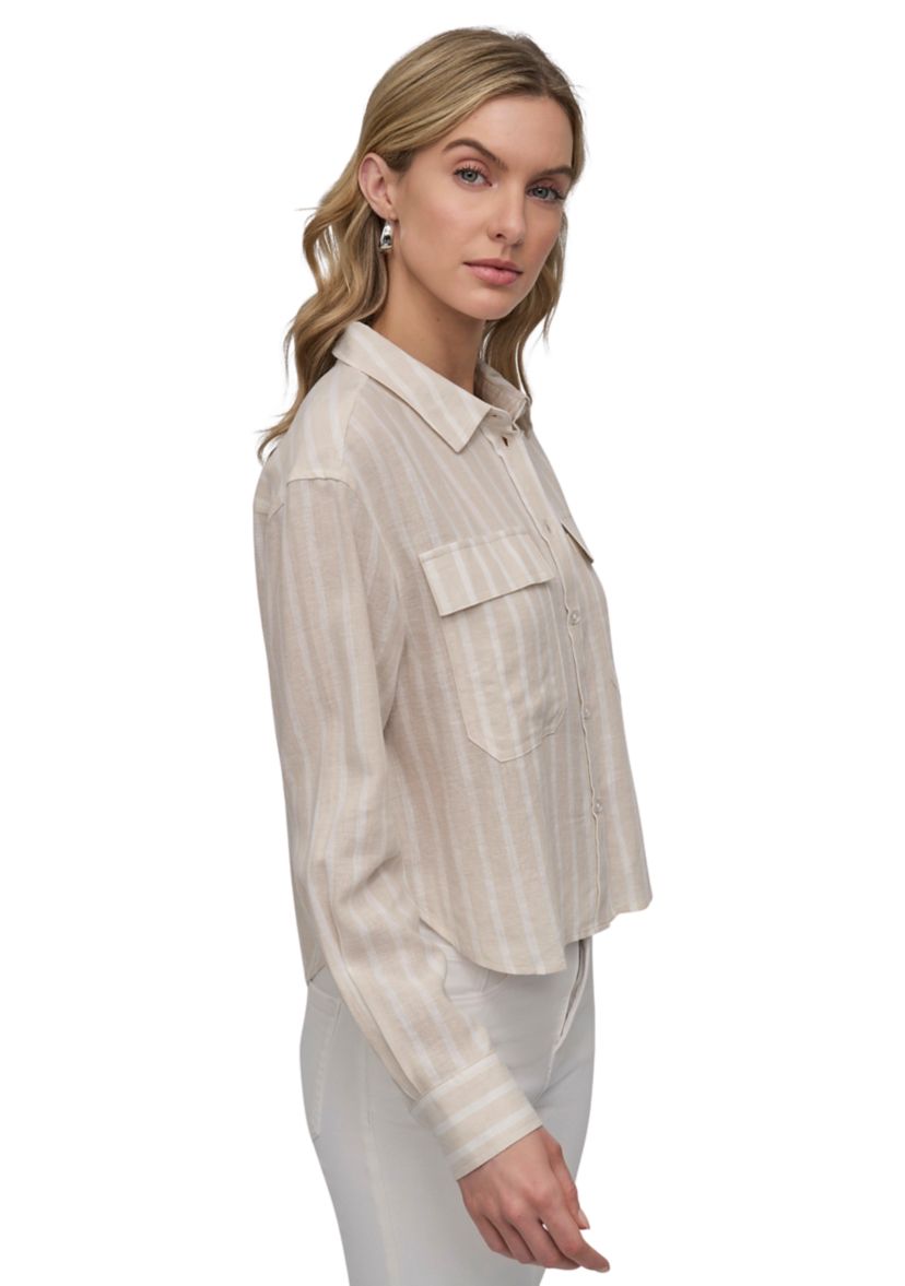 Womens Striped Long Sleeve Cropped Button Front Shirt