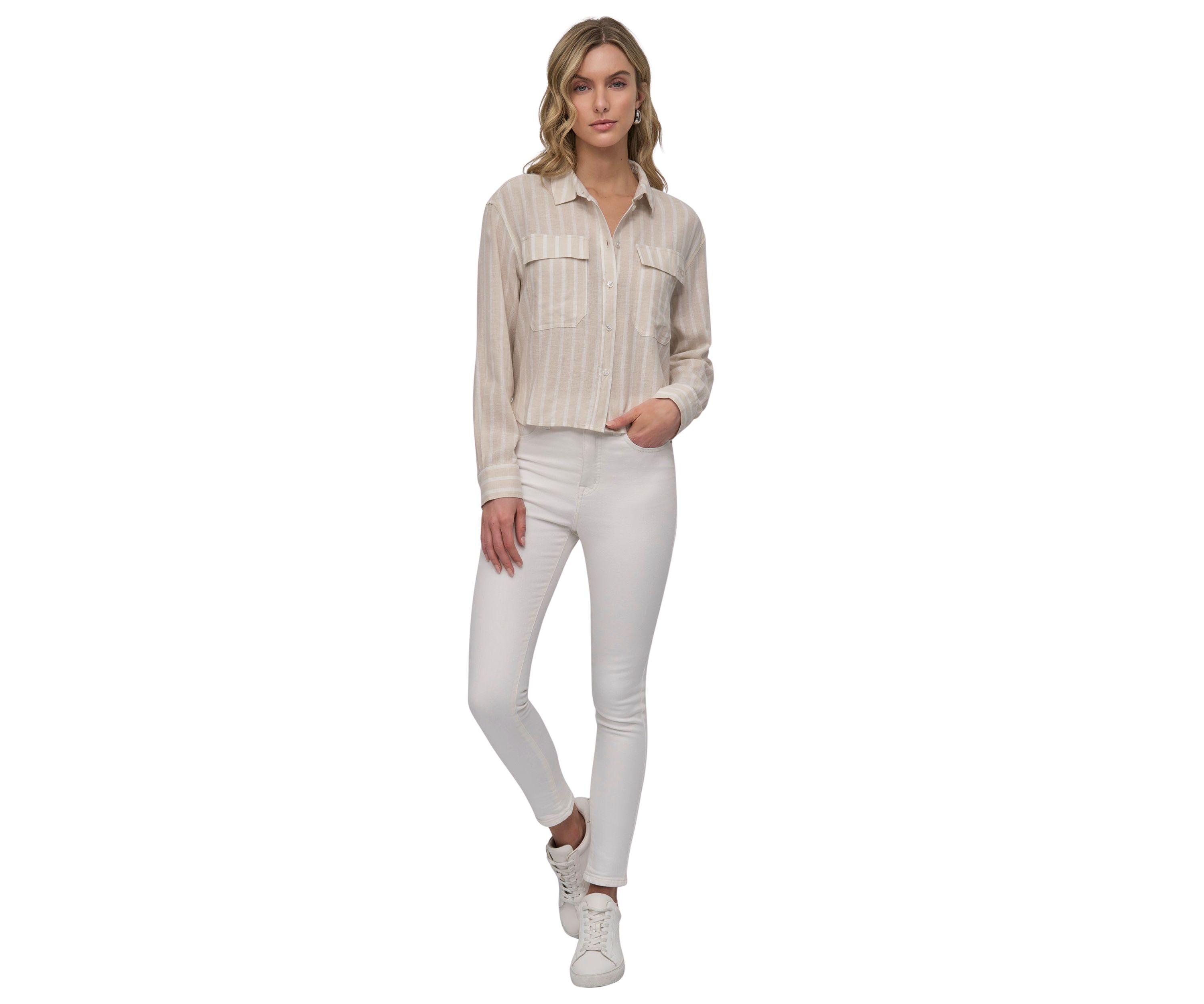 Womens Striped Long Sleeve Cropped Button Front Shirt