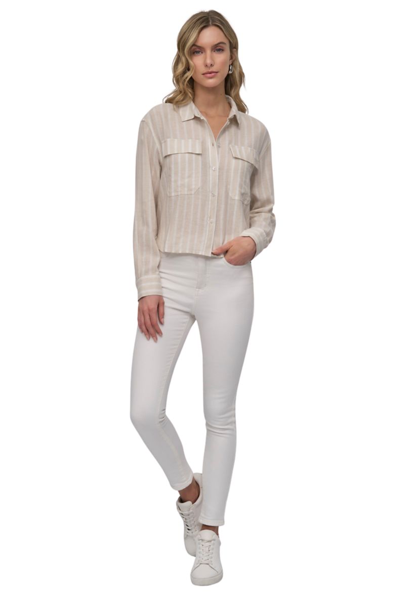 Womens Striped Long Sleeve Cropped Button Front Shirt