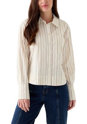 DKNY Jeans Women's Long Sleeve High Low Striped Cropped Shirt
