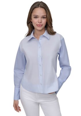 DKNY Jeans Women's Cropped Long Sleeve Button Front Shirt with Mixed Stripes, Large
