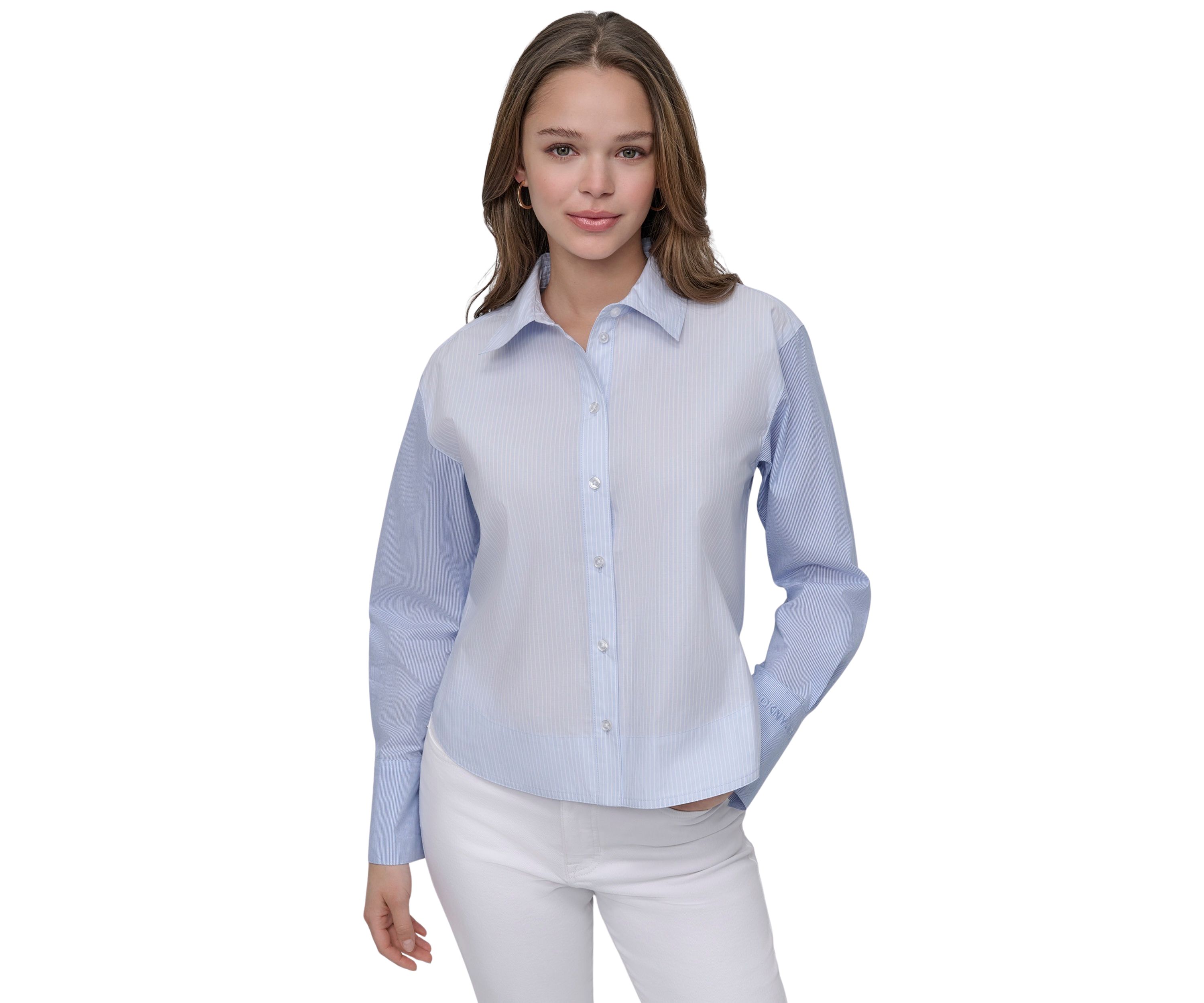 Womens Cropped Long Sleeve Button Front Shirt with Mixed Stripes