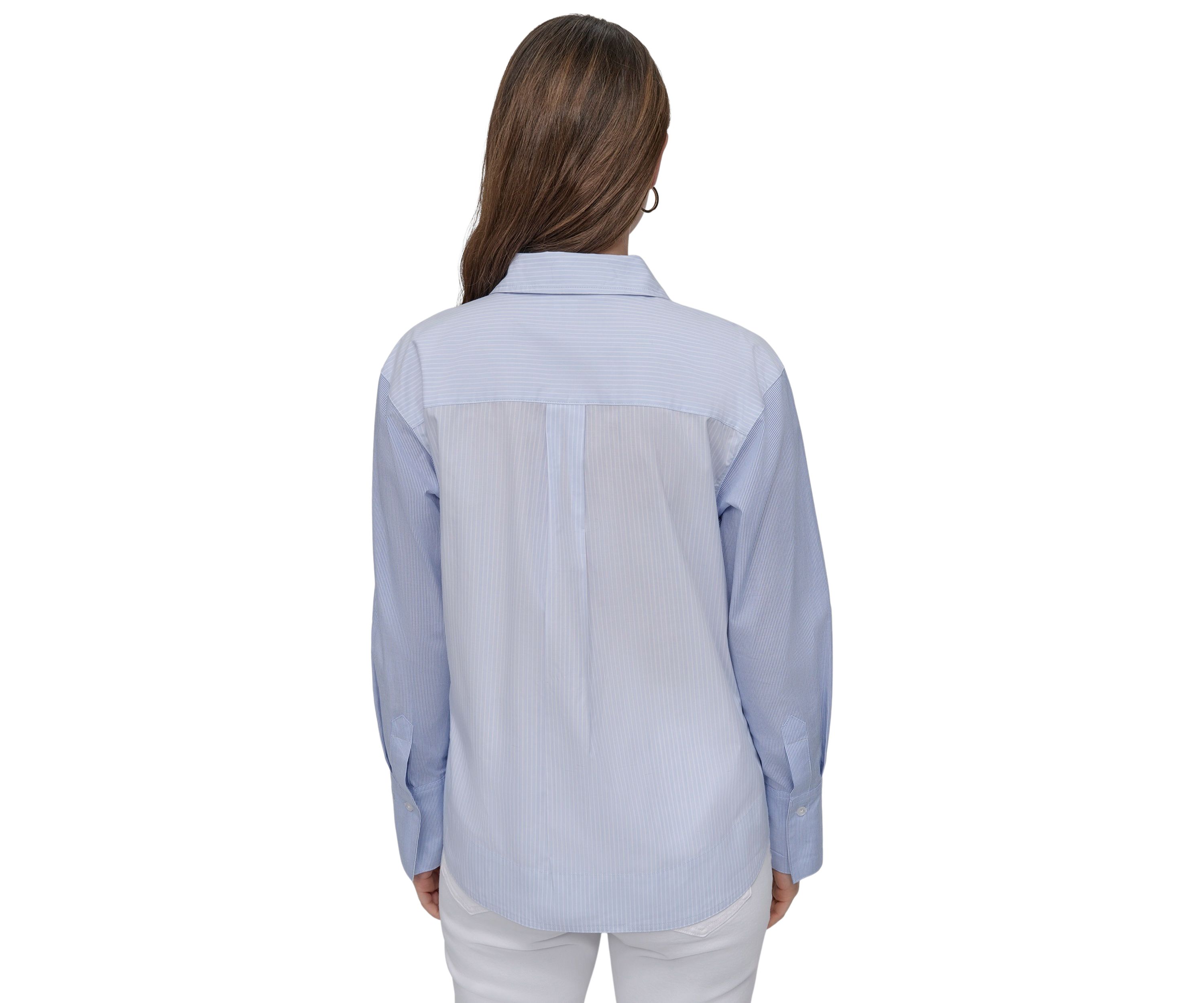 Womens Cropped Long Sleeve Button Front Shirt with Mixed Stripes