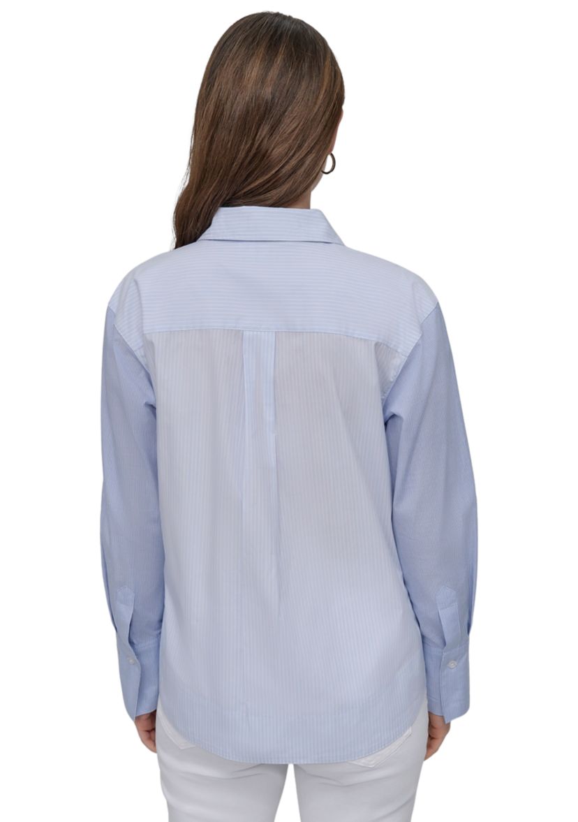 Womens Cropped Long Sleeve Button Front Shirt with Mixed Stripes