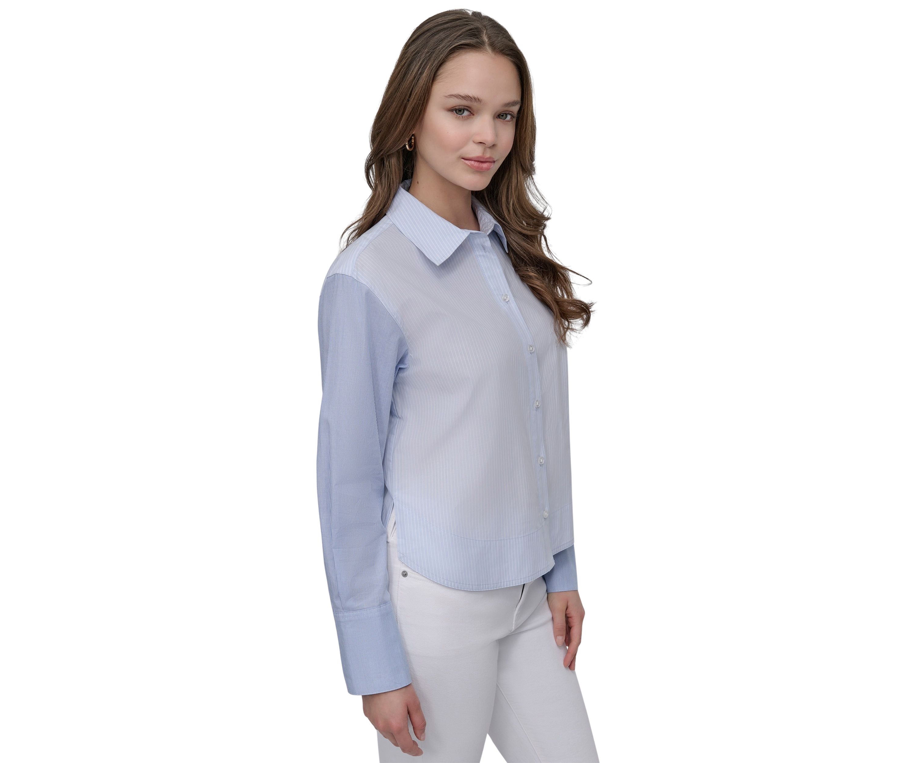 Womens Cropped Long Sleeve Button Front Shirt with Mixed Stripes