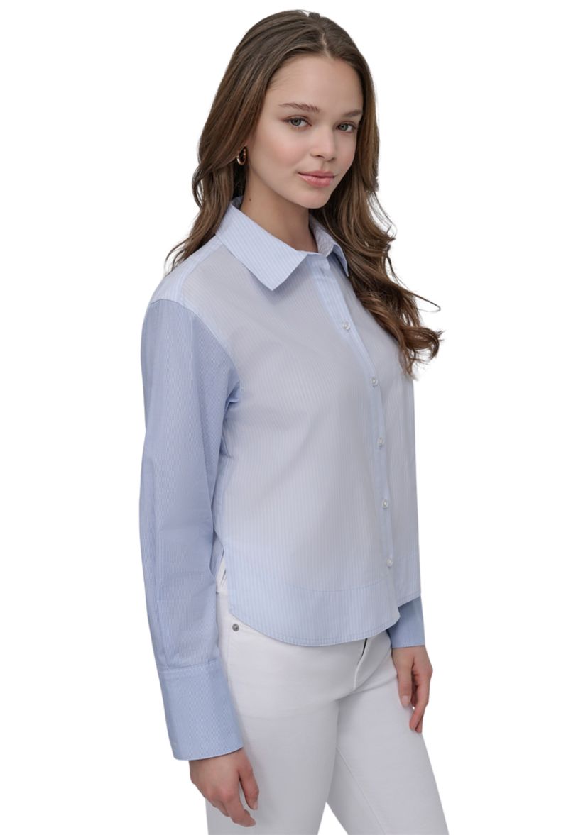 Womens Cropped Long Sleeve Button Front Shirt with Mixed Stripes