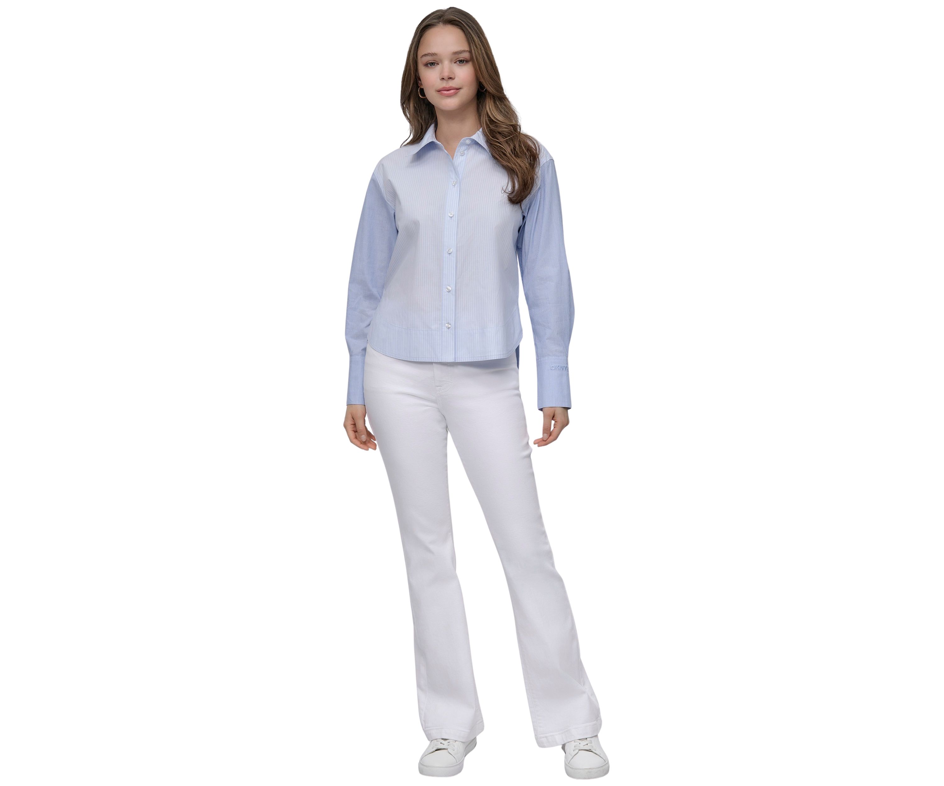 Womens Cropped Long Sleeve Button Front Shirt with Mixed Stripes