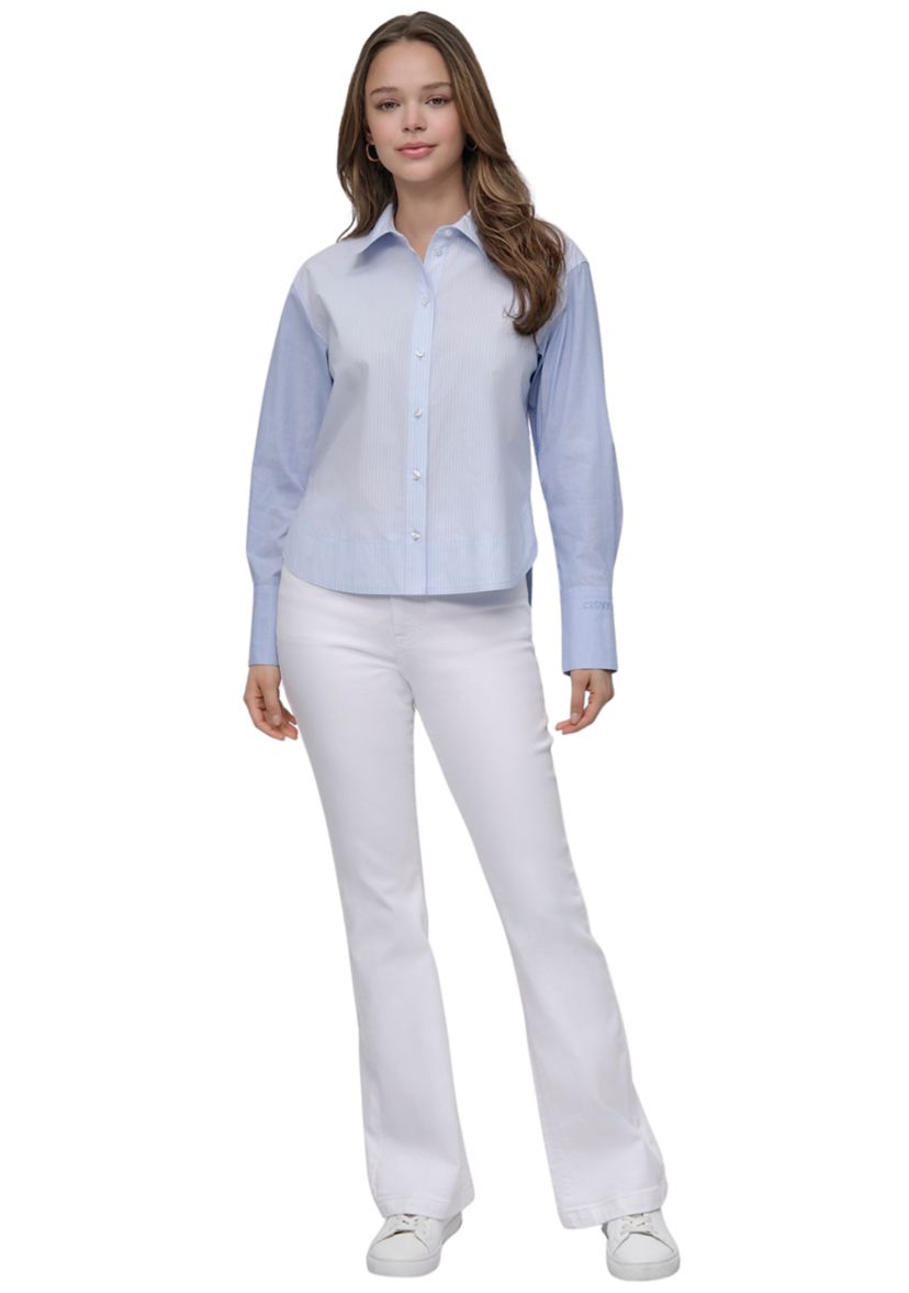 Womens Cropped Long Sleeve Button Front Shirt with Mixed Stripes
