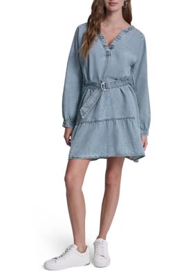 DKNY Jeans Women's Long Sleeve Belted Denim Dress, XS