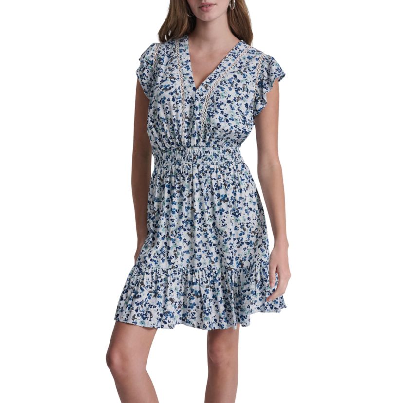 DKNY Jeans Flutter Sleeve Smocked Waist V-Neck Dress W/ Lace Insets | Belk