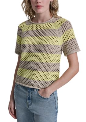 DKNY Jeans Women's Short Raglan Sleeve Striped Sweater with Logo Charm, Medium