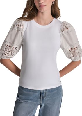 DKNY Jeans Women's Lace Eyelet Short Puff Sleeve Top, White, XS