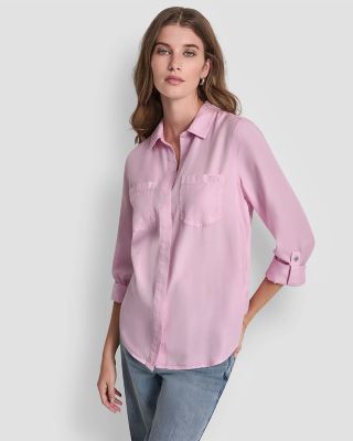 DKNY Jeans Garment Dye & Print Split Back Button Front Shirt W/ Roll Tab Sleeve, Pink, Medium