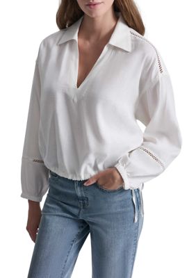 DKNY Jeans Women's Cropped Long Sleeve Shirt W/ Henley Neckline And Lace Insets