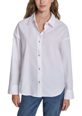 DKNY Jeans Women's Long Sleeve Oversized Rhinestone Shirt, White, XS