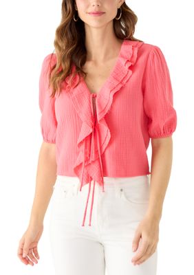 DKNY Jeans Women's Short Puff Sleeve Gauze Ruffle Shirt, XS