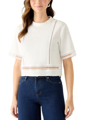 DKNY Jeans Women's Short Sleeve Cropped Top, Ivory, Small