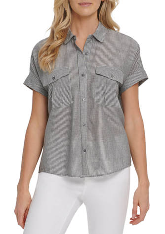 DKNY JEANS Women's Short Sleeve Button Thru Blouse with Front Pockets