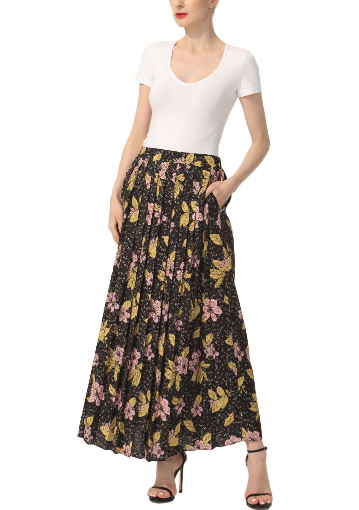 Print Box Pleat Maxi Skirt