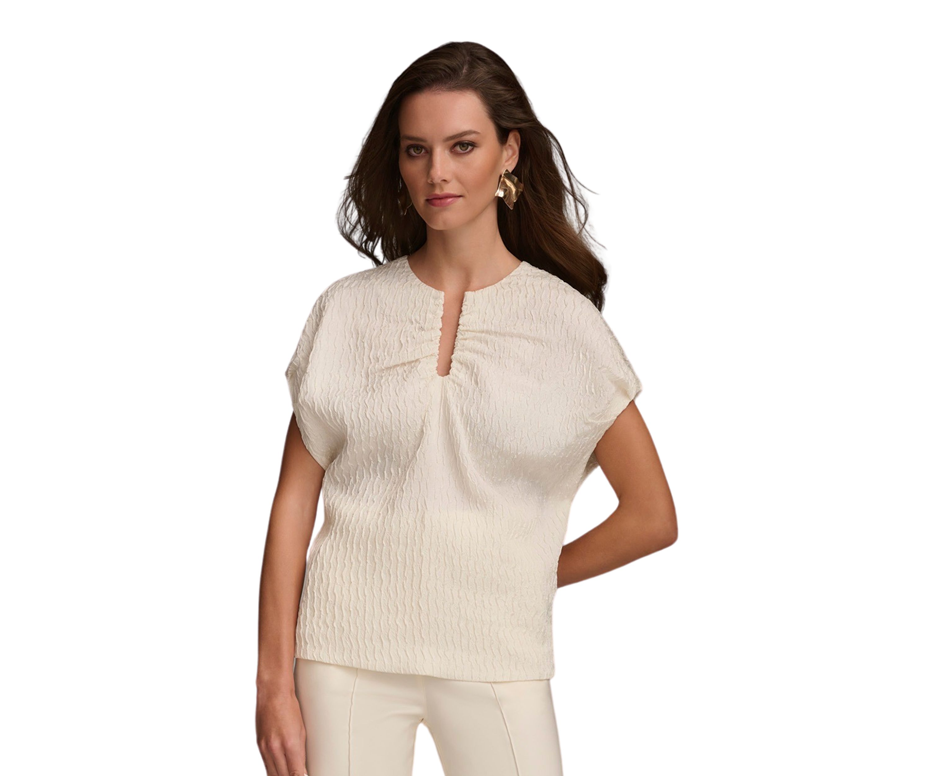 Womens Textured Split Neck Blouse 
