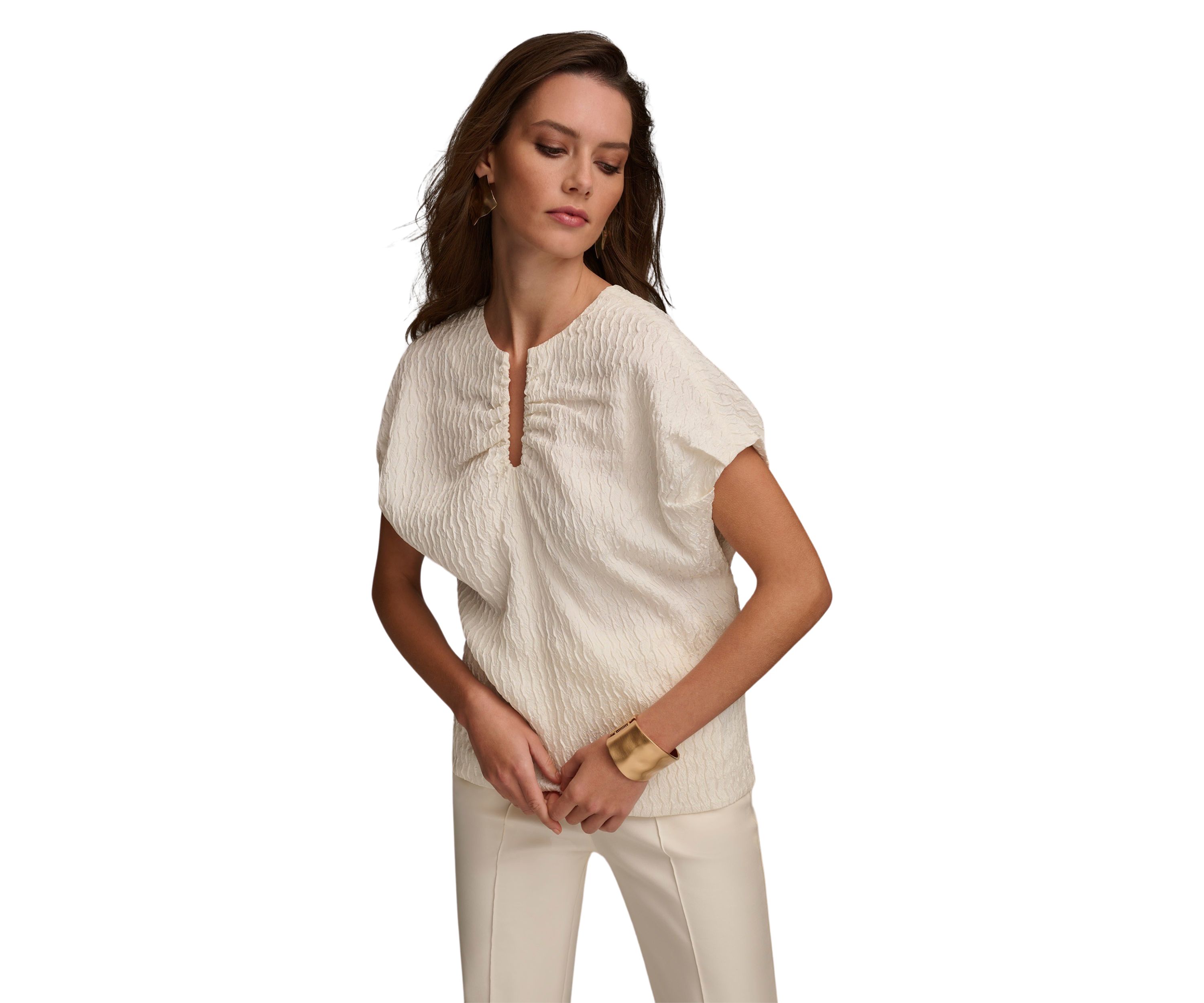 Womens Textured Split Neck Blouse 